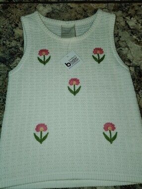 24 M First Impressions White Knit Tank Top with Pink Flower Embroidery Nwt